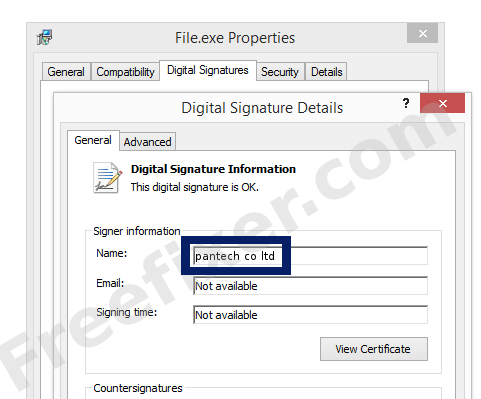 Screenshot of the pantech co ltd certificate